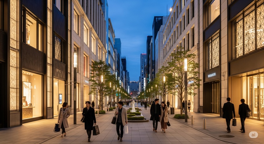 「夕暮れ時の銀座の街並みを歩く人々」と設定します。