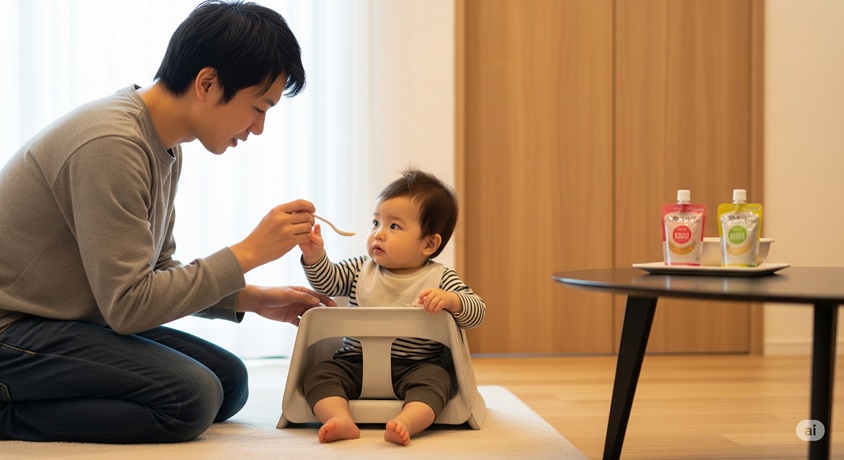 「父親が赤ちゃんに離乳食を与える様子」といたします。