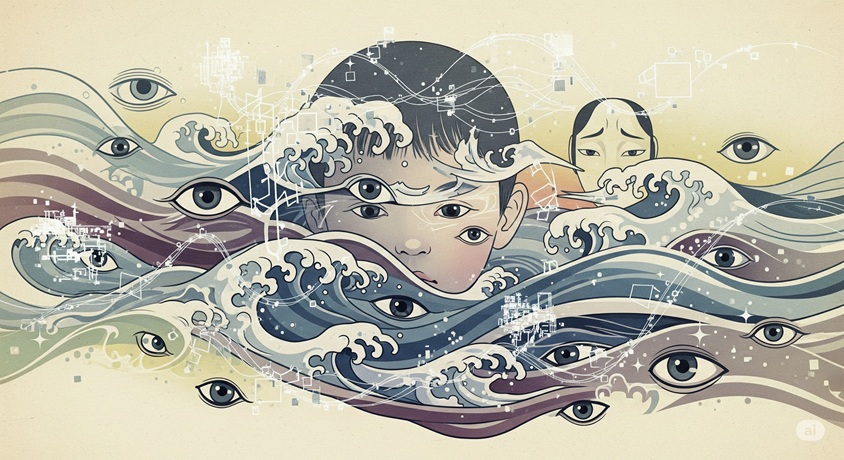 「波と多くの目が描かれた幻想的なイラスト」と決定いたしました。