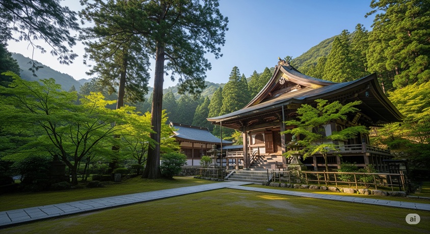 修行しているお寺はどこにあるのか: 山の緑に囲まれた静かな佇まいの寺院