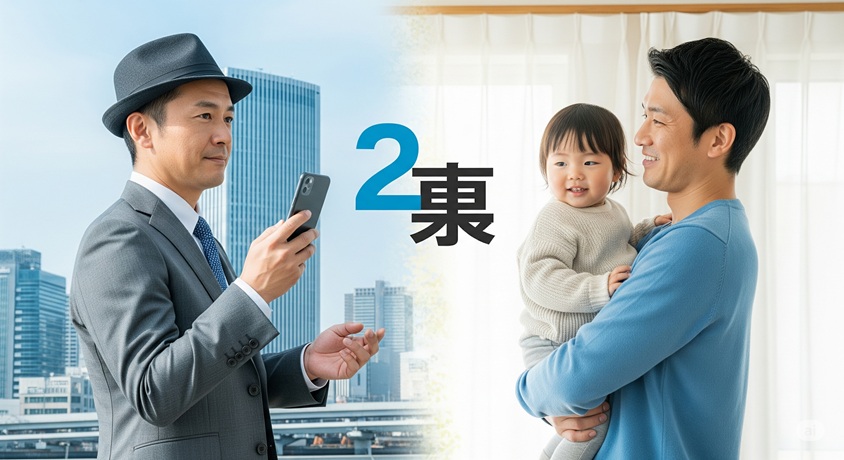 芸能界を引退する可能性はある?: 都市を背景に電話を持つスーツ姿の男性と、室内で子供を抱く笑顔の男性を並べたイメージ