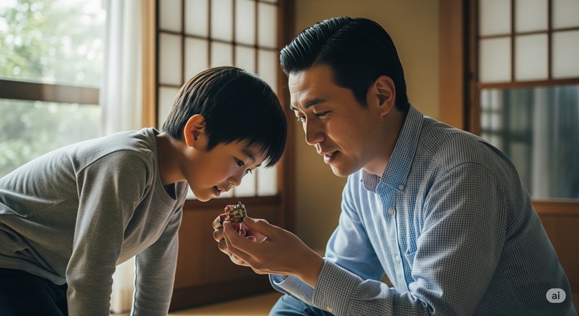 僧侶になったことへの息子の反応: 日本家屋で、父親が息子と何かを一緒に見ている様子