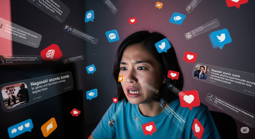 女性が驚いた表情でパソコン画面を見つめ、画面の奥から英語のコメントやSNSのアイコンが飛び出してくるような、ネット上の反応を表す画像です。