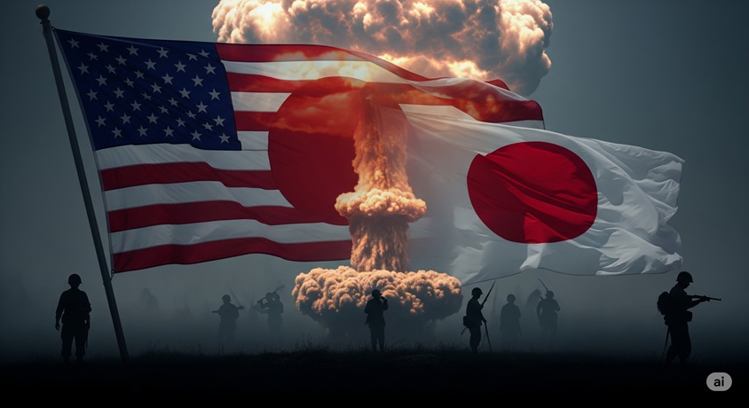 長崎原爆のきのこ雲を背景に、アメリカと日本の国旗がはためき、手前に兵士のシルエットが並ぶ、重苦しい雰囲気の画像です。