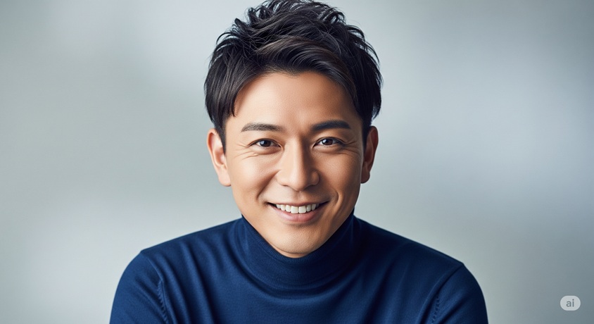 青いタートルネックを着た日本人男性の、笑顔のアップのポートレートです。