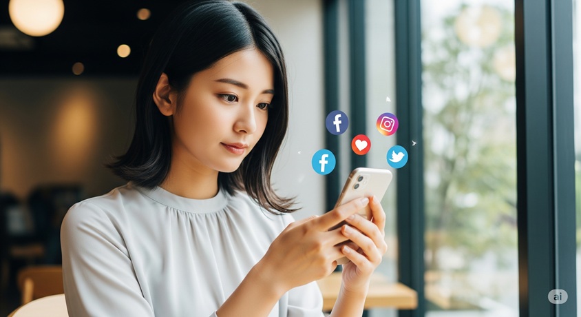 スマートフォンを操作している日本人女性が写っており、SNSのアイコンが浮かび上がっています。