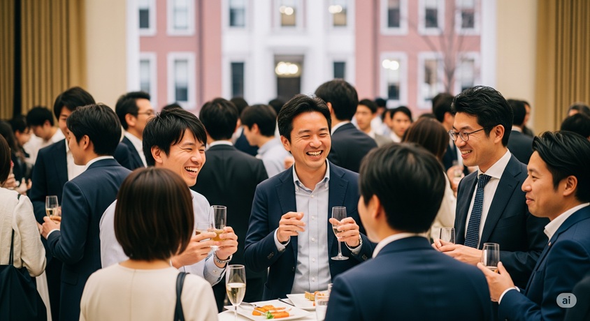 日本人男性たちが集まり、グラスを片手に笑いながら交流している様子です。