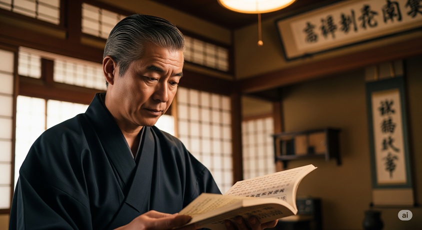 和服を着た日本人男性が、伝統的な部屋で書物を読んでいます。