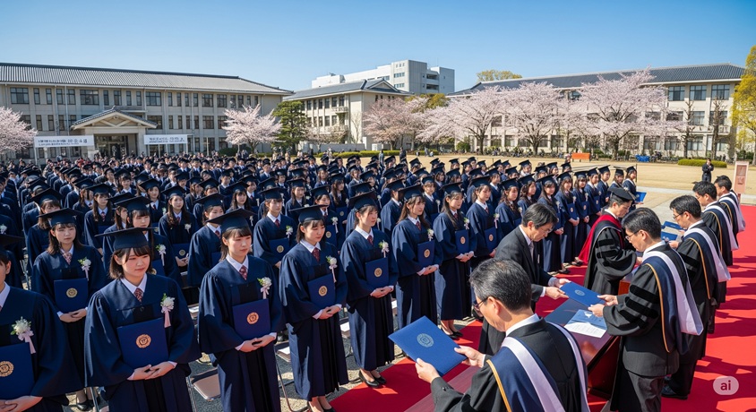 日本の大学の卒業式で、多くの卒業生がガウンと角帽を着用し、並んでいます。
