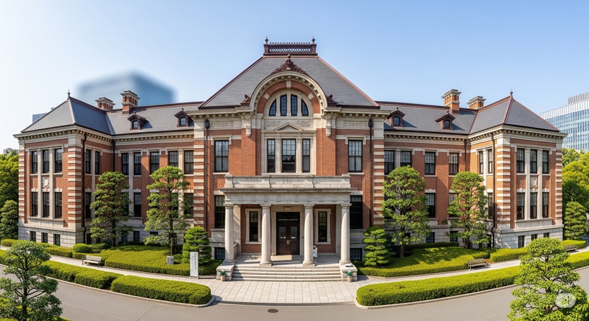 学習院大学の校舎が晴れた日に美しく写っています。