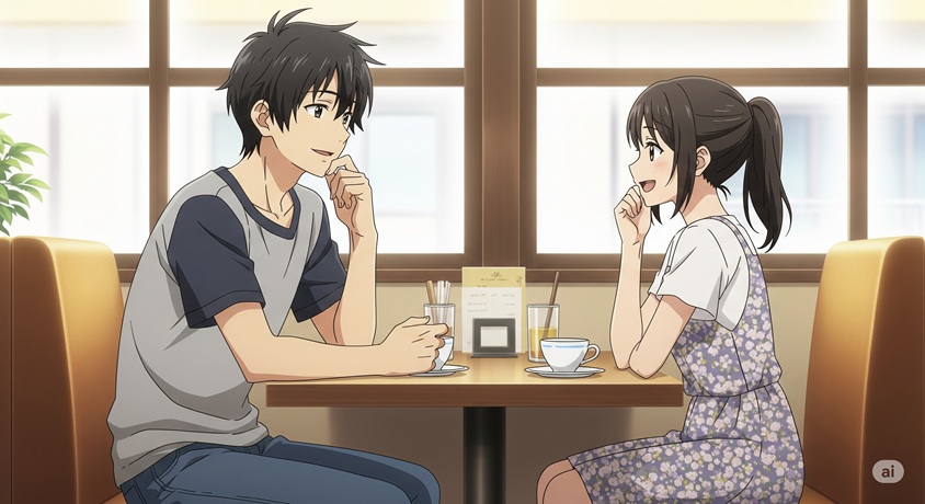  カフェで向かい合って座り、会話している男女のアニメキャラクター