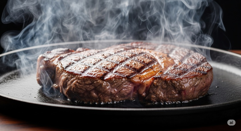  鋳鉄製のフライパンで湯気が立ち上りながら焼かれているステーキのクローズアップ。焼き色がついており、ジューシーな様子が見える