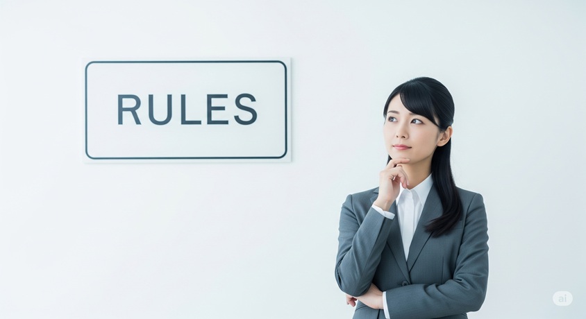 「RULES」と書かれたボードの前で、顎に手を当てて考え込む日本人女性。
