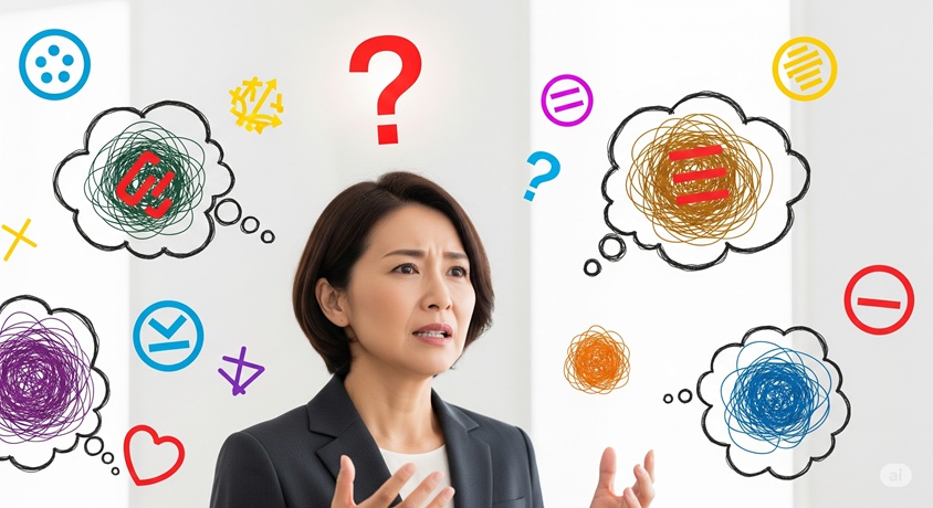 困惑した様子の日本人女性の周りに、様々な色や形をした思考の泡や記号が浮かんでいる。