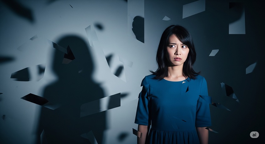 困惑した様子の日本人女性がおり、背景には破片のようなものが散らばり、影が大きく映し出されている。