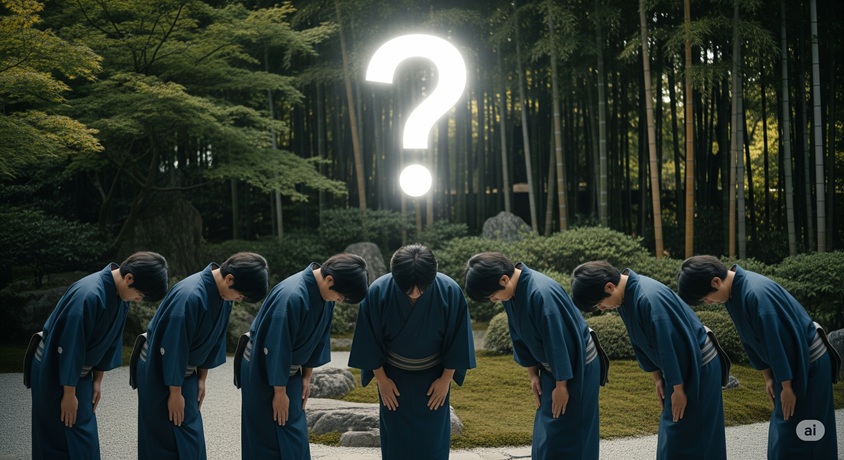 日本庭園で複数人がお辞儀をしており、中央に大きなクエスチョンマークが光っている。