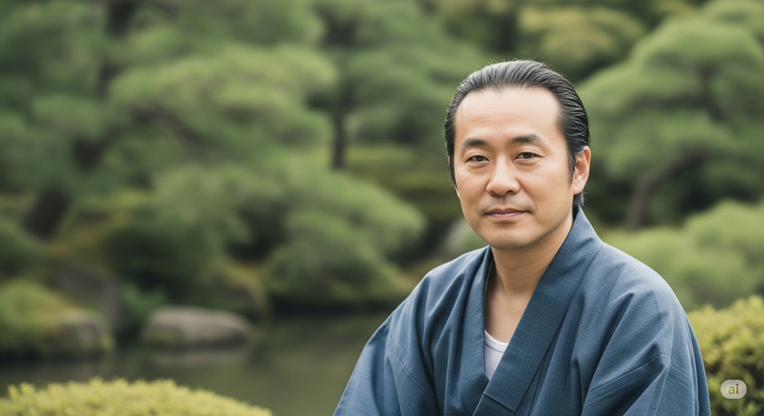 日本庭園を背景に、和服を着て穏やかな表情で正面を見ている日本人男性。