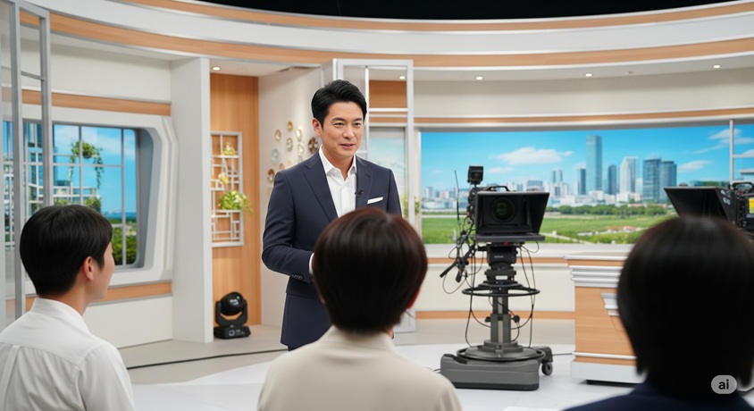 テレビスタジオで、スーツ姿の日本人男性が他の出演者(後姿)に向かって話している様子。
