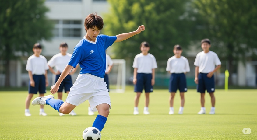 サッカーのユニフォームを着た日本人男子高校生が、校庭でサッカーボールを蹴っている様子。他の生徒たちが背景にいます。