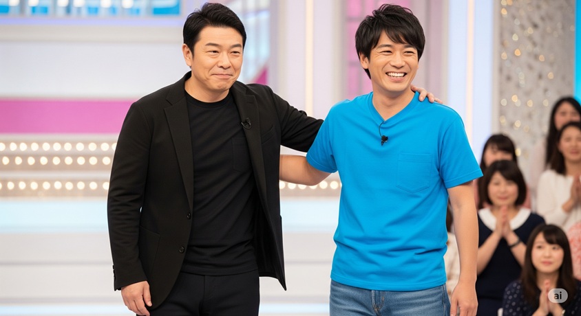 テレビ番組のセットで、笑顔で肩を組んでいる日本人男性のコメディアン二人。