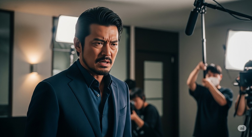 ドラマの撮影現場で、険しい表情で演技をする日本人俳優。背景には撮影スタッフと照明機材が見えます。