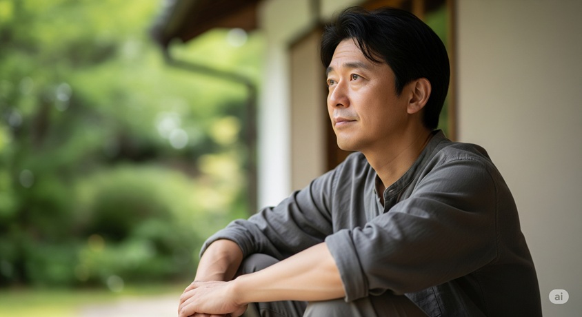 日本家屋の縁側で、庭園を眺めながら座っている日本人男性の後ろ姿。