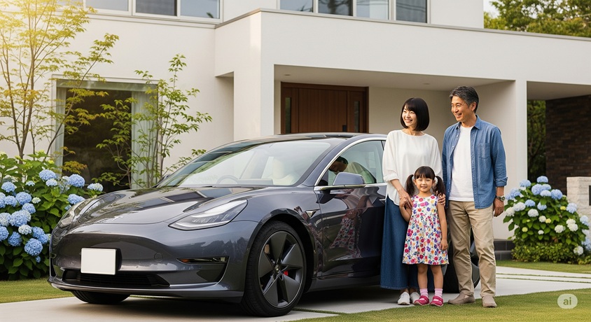 自宅前で、現代的なデザインの車(Tesla Model 3)の隣に立つ日本人家族(両親と幼い娘)。