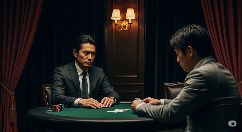 薄暗い部屋でポーカーテーブルを挟んで向かい合う二人の男性。一人はスーツ姿でカードを手に持ち、もう一人はその相手を険しい表情で見つめている。手前にはチップが積まれている。