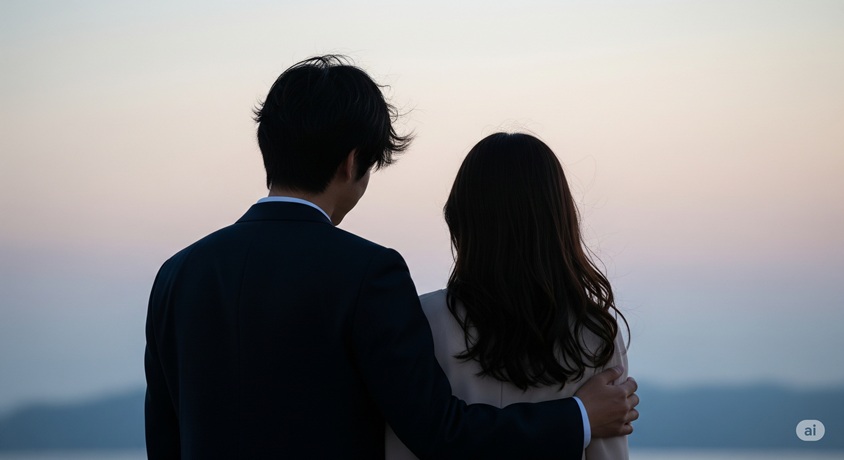 夕焼け空の下で、男性が女性の肩を抱き寄せている後ろ姿。二人は並んで遠くを見つめている。