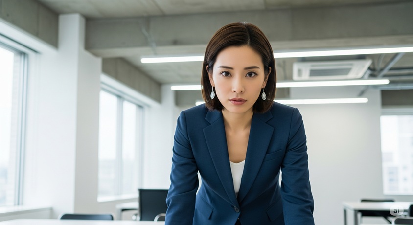 ビジネススーツを着た女性が、きりっとした表情でカメラを見つめている。背景は明るいモダンなオフィス空間。