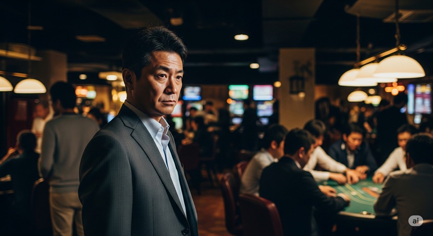 薄暗いカジノの中で、スーツ姿の男性が横を向き、何かを見つめている。奥にはギャンブルを楽しむ人々が見える。