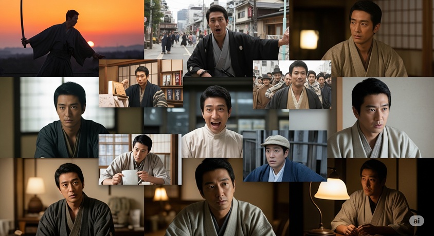 さまざまな映画のシーンがコラージュされた画像。和装の男性や現代的な服装の男性が、真剣な表情や驚いた表情など、多様な感情を見せている。