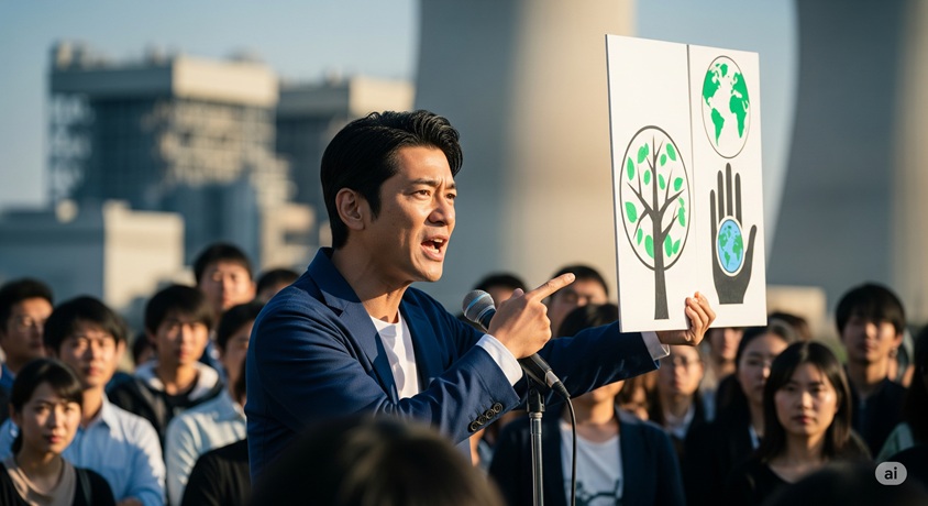 屋外でマイクを持ち、熱弁を振るう男性。片手には地球や木が描かれたボードを持っている。背景には発電所のような建物が見え、多くの人が彼を取り囲んでいる。