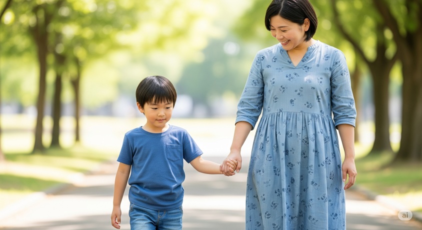 晴れた公園で、母親と幼い男の子が手をつないで歩いている。母親は優しく微笑み、男の子は楽しそうな表情をしている。