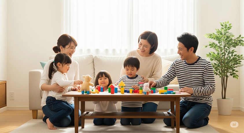 リビングで家族5人が楽しそうにブロック遊びをしている様子