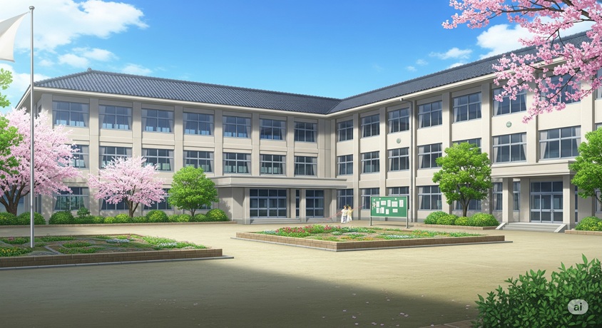 桜が満開の日本の学校の校舎と広い校庭の風景