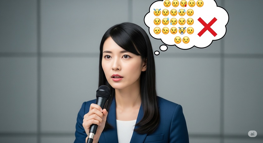 マイクを持ちスピーチする女性の頭上にネガティブな絵文字と赤いバツ印がある様子