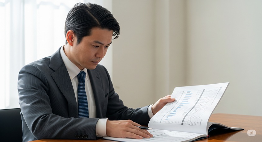 スーツ姿の男性が真剣な表情で書類を読み込んでいる様子