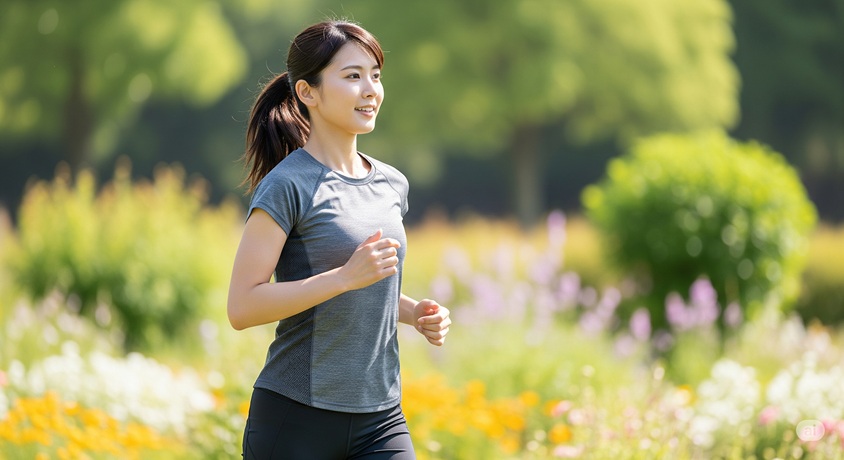 日差しが降り注ぐ公園で女性が笑顔でジョギングしている様子