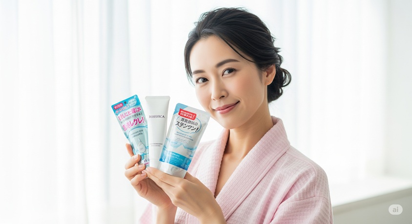 ピンクのバスローブを着て、洗顔フォームなどの化粧品を手に持ち微笑む女性