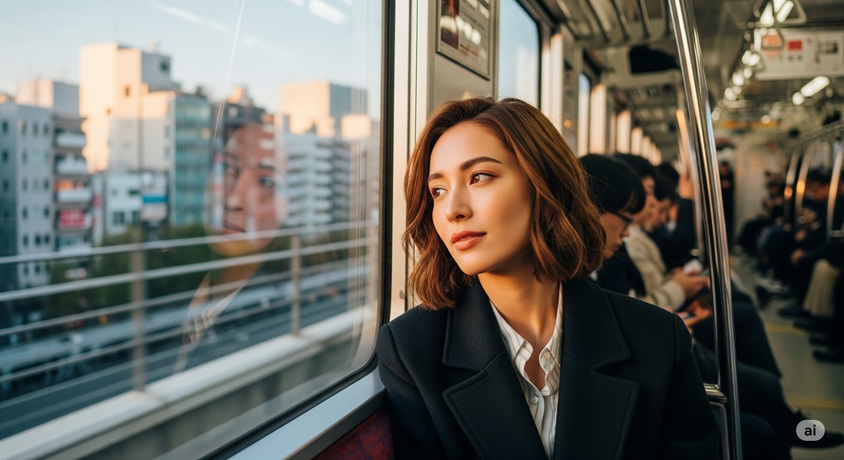 夕暮れ時の電車内で窓の外を眺めるショートヘアの女性
