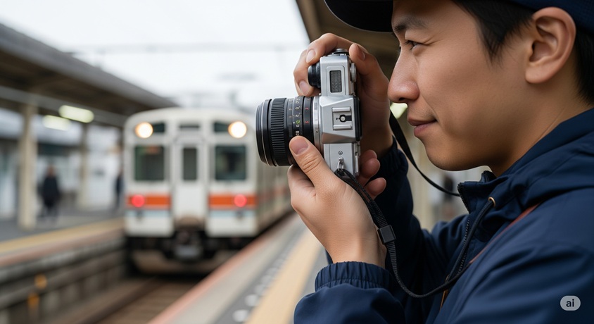 電車のホームで、若い男性が真剣な表情で一眼レフカメラを構え、停車中の電車を撮影しています。背景の電車が少しぼかされており、撮影に集中している様子が伝わってきます。