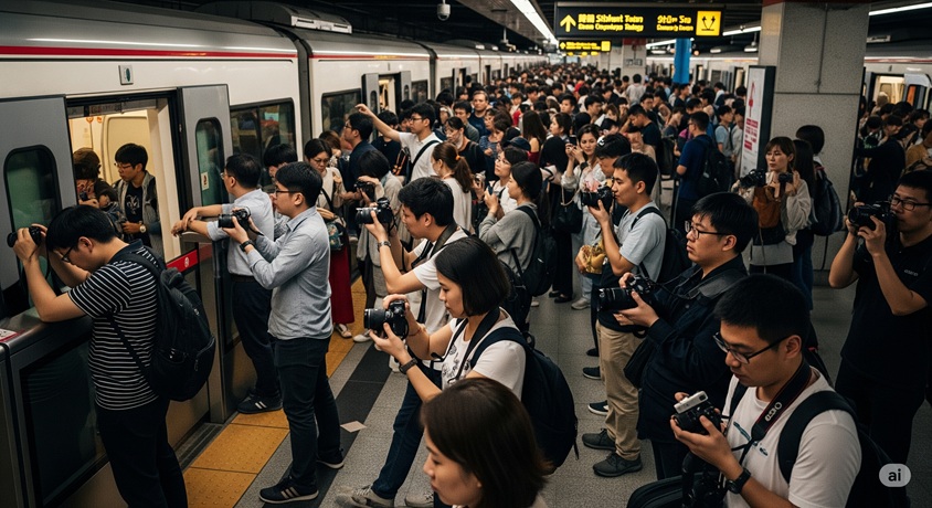 電車のホームで、笑顔の女性がスマートフォンを横向きに持ち、停車している電車を撮影しています。カジュアルな服装で、楽しそうに撮影している様子が分かります。