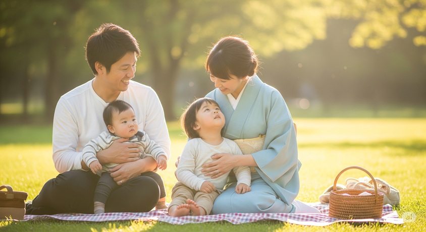 公園の芝生の上でピクニックをしている日本人家族。両親と2人の子供が写っている。