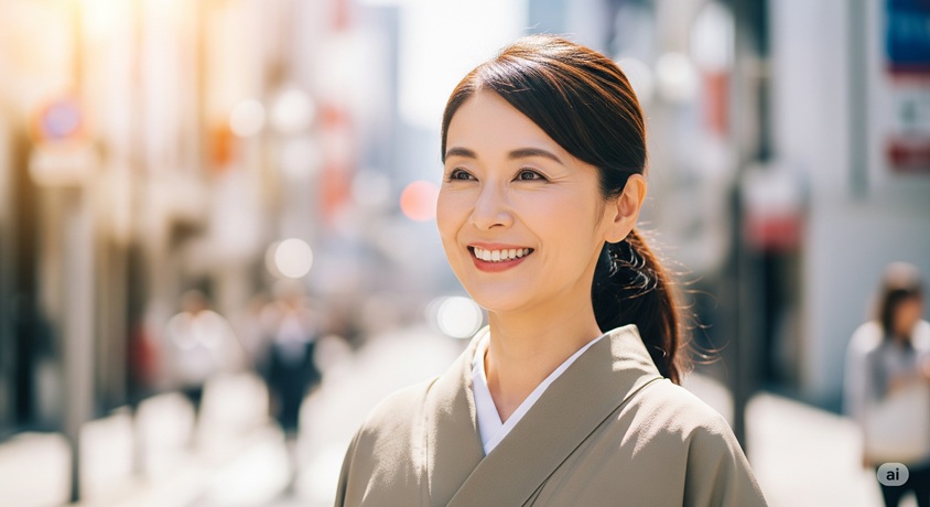街中で微笑む和服姿の日本人女性のポートレート。