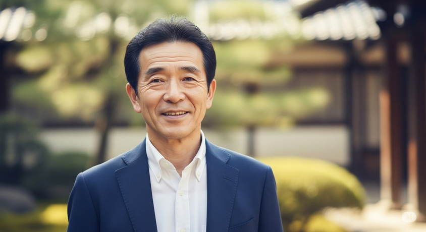 日本庭園を背景に、スーツを着て優しく微笑む日本人男性のポートレート。