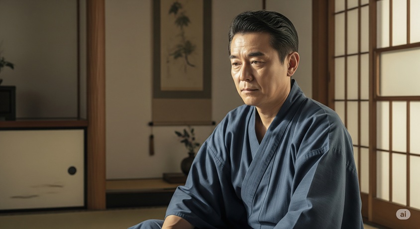 畳の部屋で座り、何かを考え込んでいる様子の日本人男性。