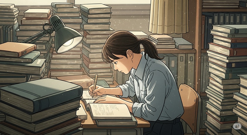 たくさんの本に囲まれ、机に向かって熱心に勉強する日本人学生の女性。