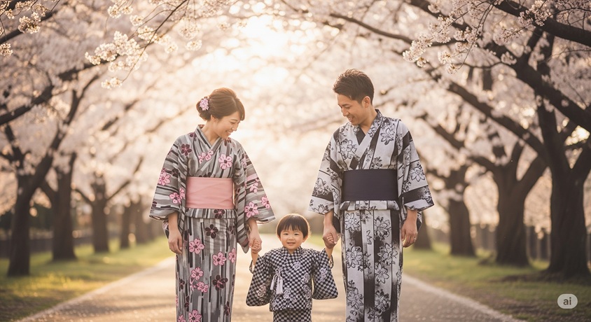 桜並木の下で、浴衣を着て手を繋いで歩く日本人夫婦と幼い子供。