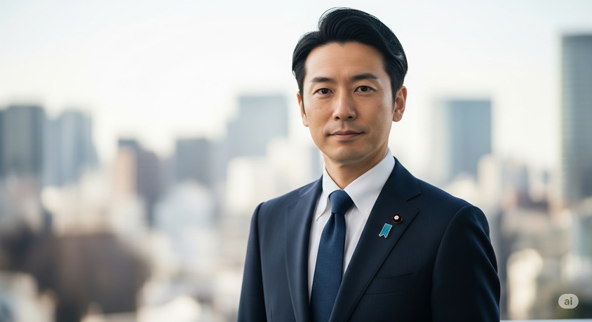 都市の風景を背景に、スーツを着てカメラを見ている日本人男性のポートレート。